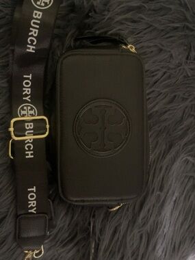 Tory Burch Black Leather Logo Crossbody with Branded Strap